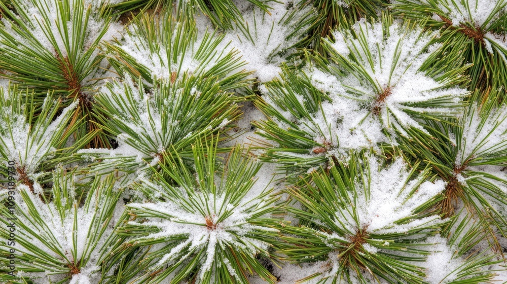 Snow dusted pine needles create a wintery scene Snow dusted pine needles create a wintery scene