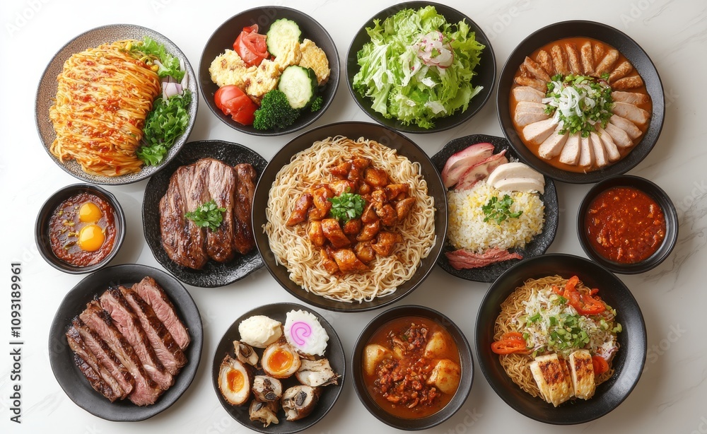 A Delectable Spread of Asian Dishes Featuring Noodles, Vegetables, Rice, Soups, Meats, and Sauces Arranged Beautifully on Elegant Plates for Sharing or Dining Together