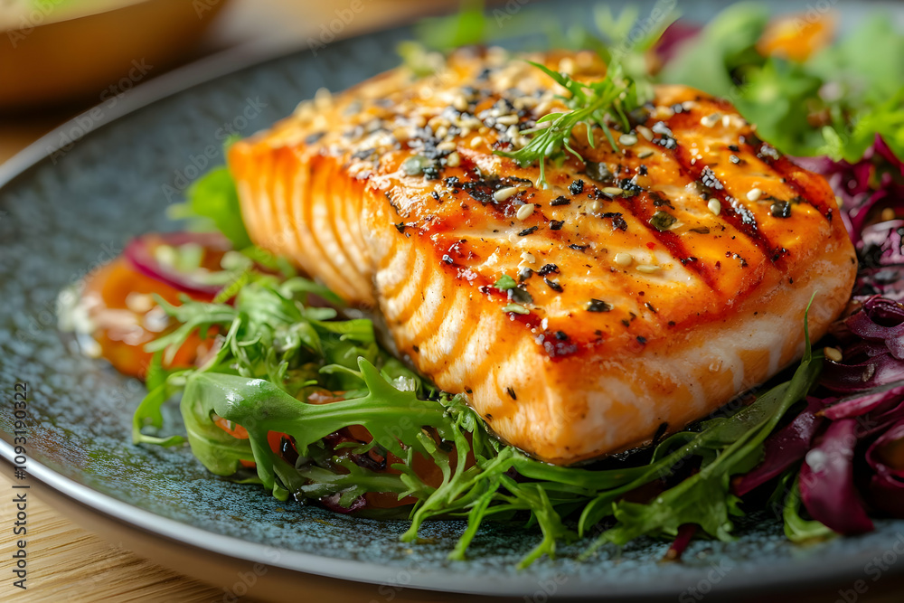 Photo Grilled Salmon with Fresh Salad and Sesame Seeds Photo Grilled Salmon with Fresh Salad and Sesame Seeds