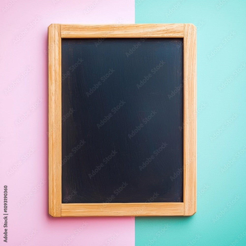 Fototapeta premium Blank green board with light wooden frame against soft pink background clean and colorful composition for creative or academic themes