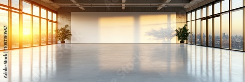 Sunlit modern loft space with large windows offering a panoramic city view. The minimalist design features polished concrete floors and a blank wall.