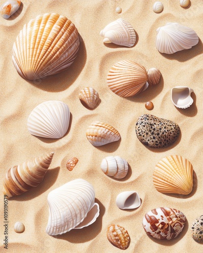 Colorful collection of seashells scattered on sandy beach, showcasing diverse shapes and textures. photo