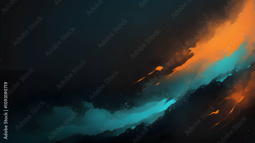 Naklejka premium neon Cyan, Burnt Orange, Charcoal Black glowing gradient background, a soft grainy noise texture with shimmering highlights and Smooth Transitions for a dynamic effect.