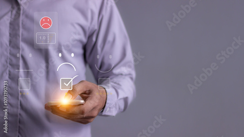 Consumer Satisfaction, Young man hand holding smartphone to review and gives 1 star, with poor service results, Bad review Rated just 1 star Feedback options
