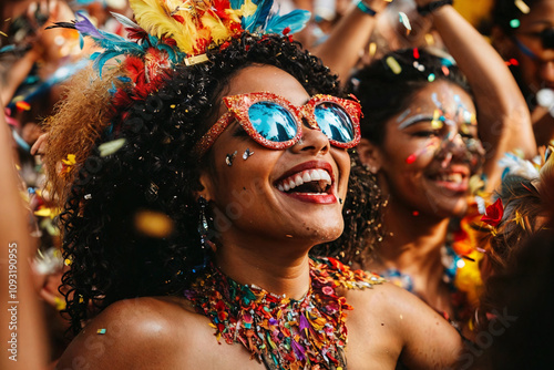diverse group of travelers enjoying the carnivals of brazil, dancing and laughing