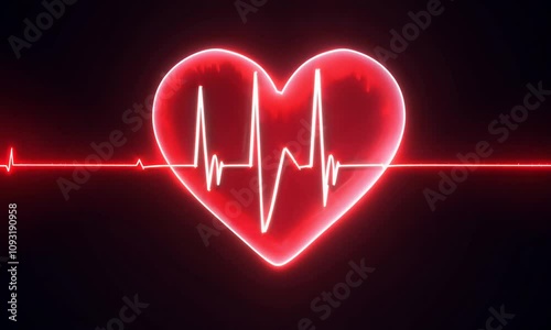 Glowing red heart with electrocardiogram pulse line in a vibrant neon design