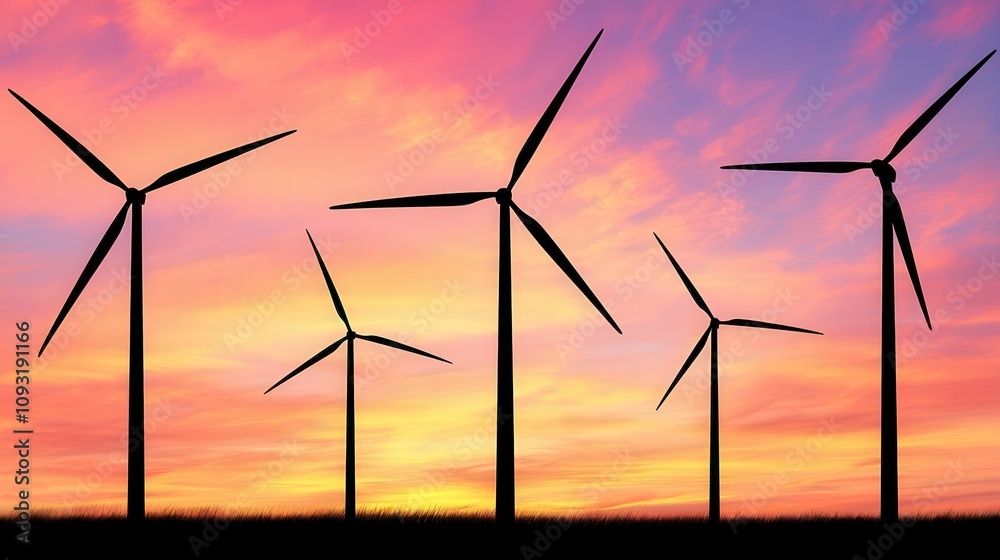 Fototapeta premium Climate Change Mitigation. Wind turbines against a vibrant sunset sky.
