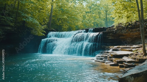 Serene Waterfall Cascades Through Lush Green Forest