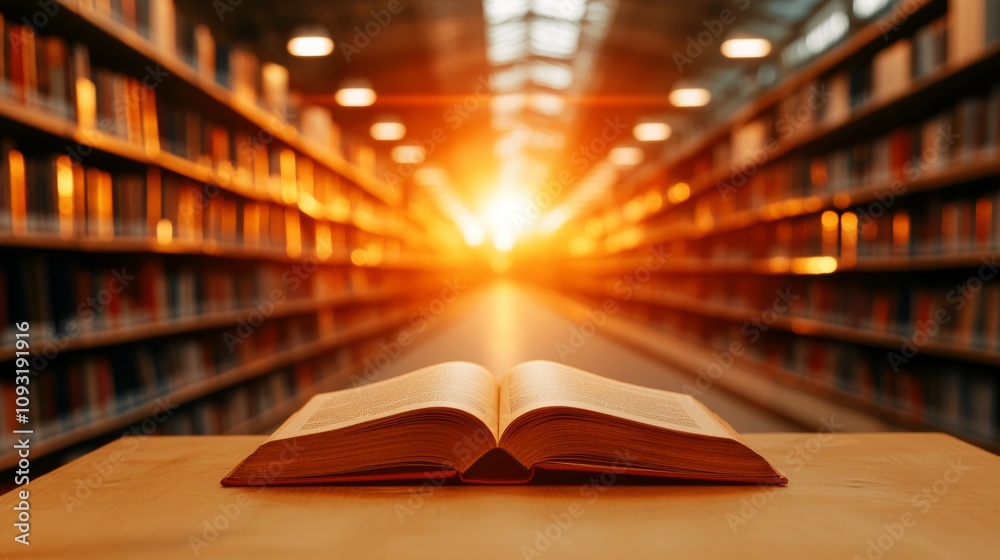 Open book in a library. A warm, inviting setting filled with knowledge and the promise of discovery. Golden hour light streams through the aisle. Open book in a library. A warm, inviting setting filled with knowledge and the promise of discovery. Golden hour light streams through the aisle.