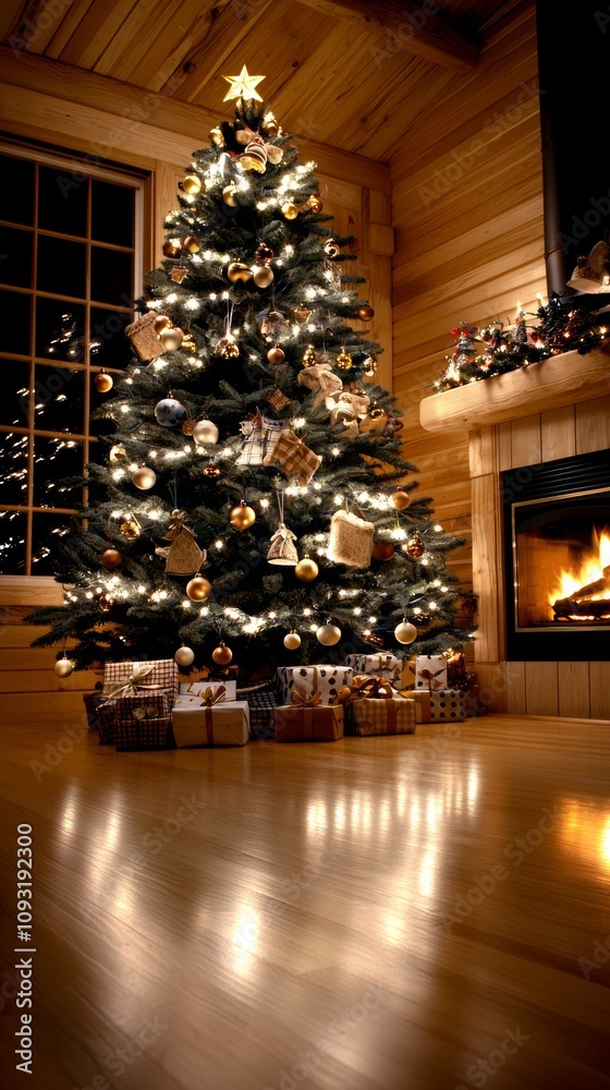 Festive Christmas Tree Decor in Cozy Cabin Living Room with Warm Fireplace Glow and Holiday Gifts Under Tree Festive Christmas Tree Decor in Cozy Cabin Living Room with Warm Fireplace Glow and Holiday Gifts Under Tree