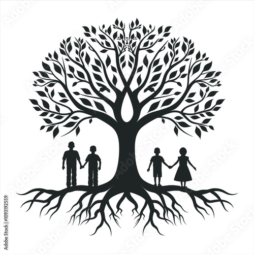 Family Tree Silhouette Bundle Set, a Silhouette Of People are holding hands under a tree ‍