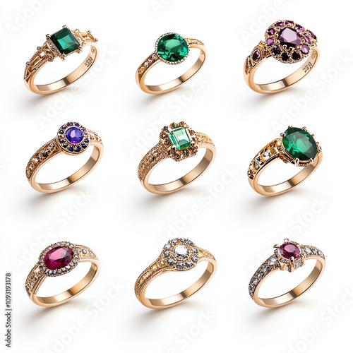 Elegant collection of gold rings with colorful gemstones on a white isolated background. photo