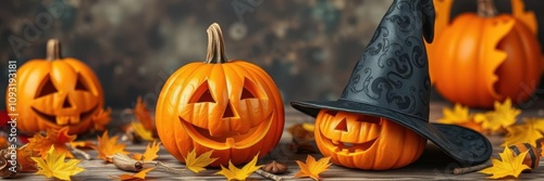 Carved pumpkin with witch hat on black background, space for text or graphics, holiday, Halloween photo