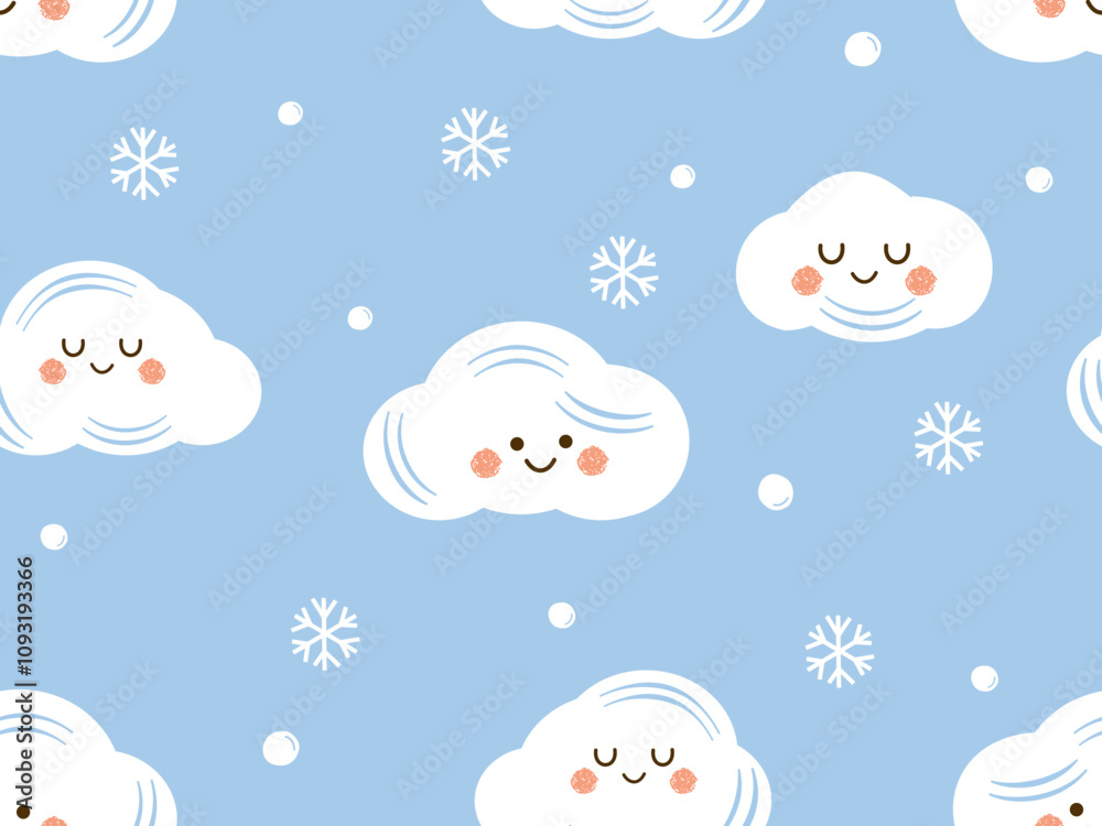 Seamless pattern with cloud cartoons and snowflakes on blue sky background vector. Cute childish print. Seamless pattern with cloud cartoons and snowflakes on blue sky background vector. Cute childish print.