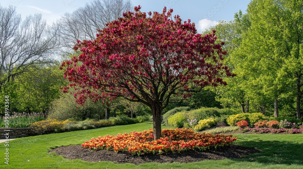 Naklejka premium Vibrant Springtime Garden Landscape: A Blooming Redbud Tree and Colorful Flowerbeds