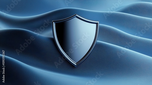 Metallic shield icon over silky blue undulating surface, clean futuristic concept for privacy and digital defense visuals photo