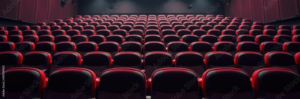 Close up shot of rows of empty cinema seats in a spacious theater, marketing, seats Close up shot of rows of empty cinema seats in a spacious theater, marketing, seats