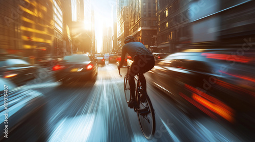 Cyclist Riding Through Busy City Streets at Sunrise