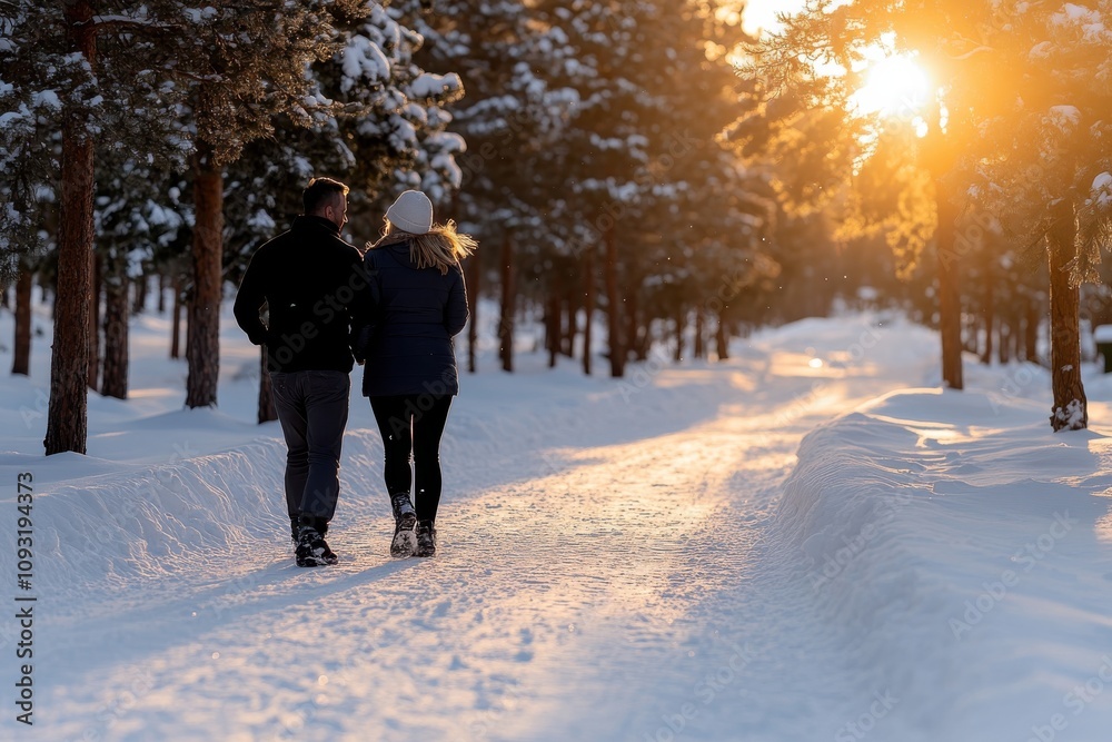 A couple strolls hand in hand along a snow-covered path, illuminated by the golden glow of setting sun, symbolizing companionship and shared experiences during winter. A couple strolls hand in hand along a snow-covered path, illuminated by the golden glow of setting sun, symbolizing companionship and shared experiences during winter.