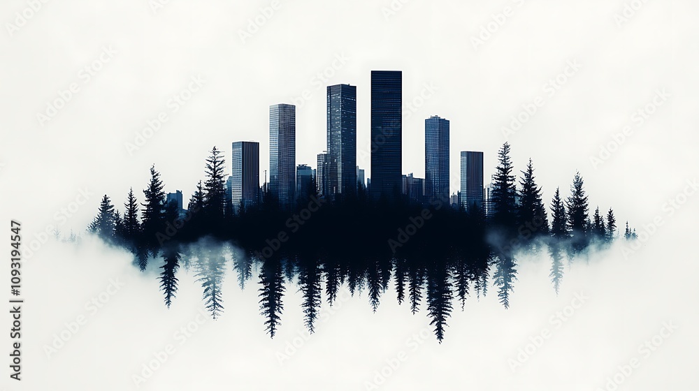 Fototapeta premium Ethereal Layered Double Exposure of a Foggy Forest with Silhouetted Skyscrapers in a Misty Atmosphere Capturing the Intricate Beauty of Nature and Urban Elements