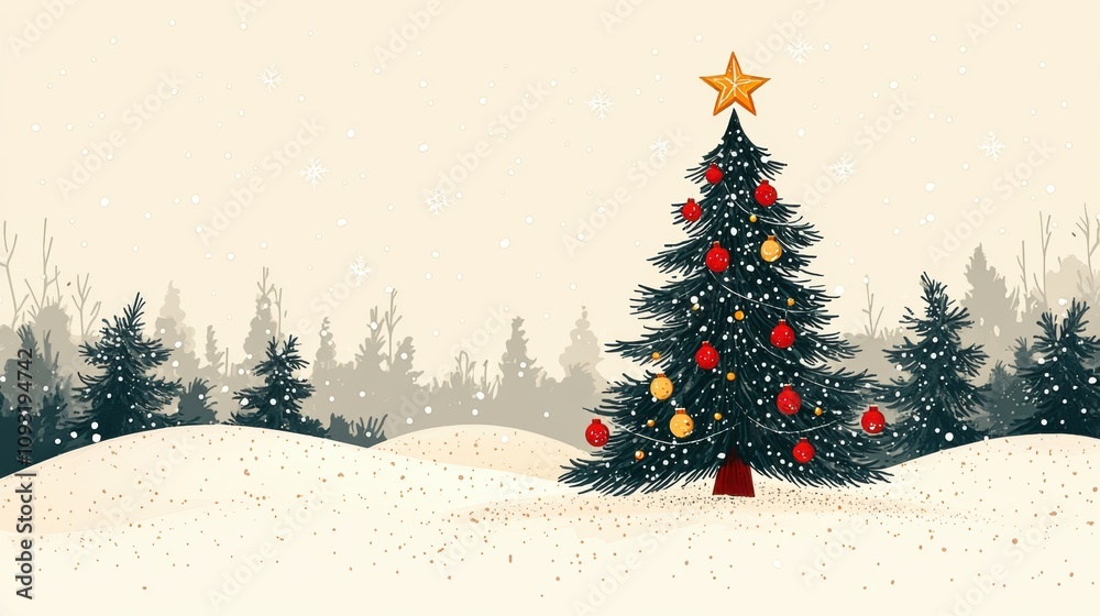 Winter Wonderland with Evergreen Christmas Tree Surrounded by Snowy Landscape and Pine Trees Under Soft Falling Snowflakes Winter Wonderland with Evergreen Christmas Tree Surrounded by Snowy Landscape and Pine Trees Under Soft Falling Snowflakes