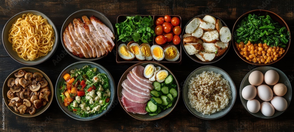 A Vibrant Array of Healthy Ingredients Displayed in Bowls on a Rustic Wooden Table, Perfect for Meal Prep and Culinary Inspiration A Vibrant Array of Healthy Ingredients Displayed in Bowls on a Rustic Wooden Table, Perfect for Meal Prep and Culinary Inspiration