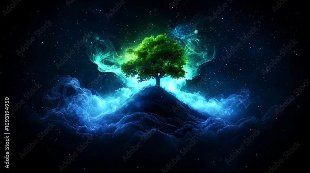 Obraz premium Majestic Lone Tree Standing Vibrantly Against a Starry Sky on a Hill with Mysterious Swirling Colors and Ethereal Light Effects