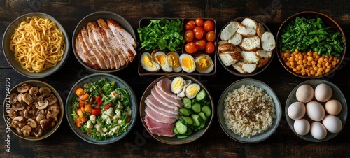 A Vibrant Array of Healthy Ingredients Displayed in Bowls on a Rustic Wooden Table, Perfect for Meal Prep and Culinary Inspiration