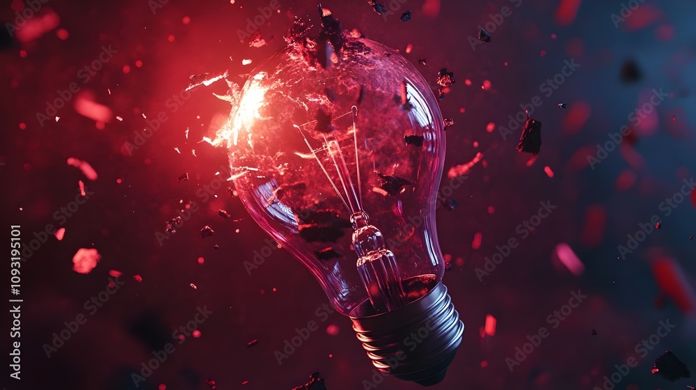 explosion of a traditional tungsten light bulb. black background, colored lights. concept of fragility, crisis and obsolete energy. colorful electric light bulb exploding on black explosion of a traditional tungsten light bulb. black background, colored lights. concept of fragility, crisis and obsolete energy. colorful electric light bulb exploding on black