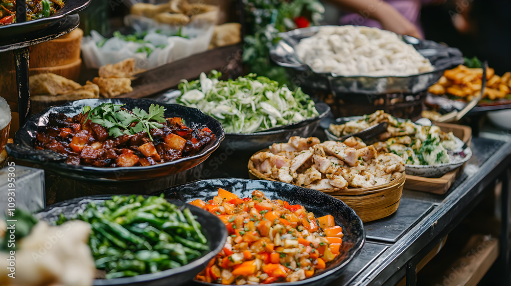 Obraz premium Street Food Buffet: Asian Cuisine, Delicious Dishes, Culinary Delights, Vibrant Colors, Exotic Flavors