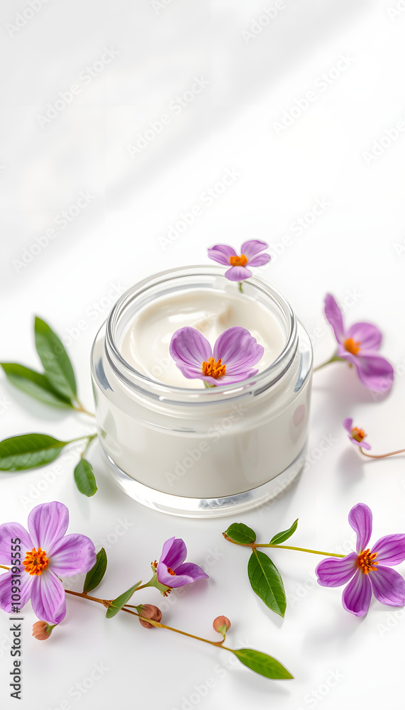 Herbal face cosmetic cream with flowers hygienic skincare product wellness and relaxation medical mask in glass jar on white background isolated with white highlights, png