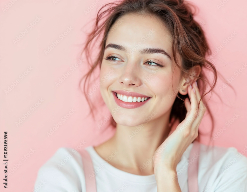 Lovely, smart girl with a curious expression creating new ideas against pink background Lovely, smart girl with a curious expression creating new ideas against pink background