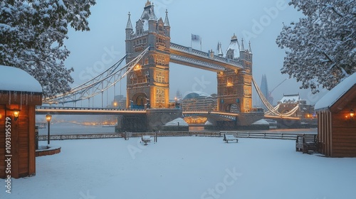 Tower Bridge covered in snow, illuminated at night, creating a serene winter landscape.