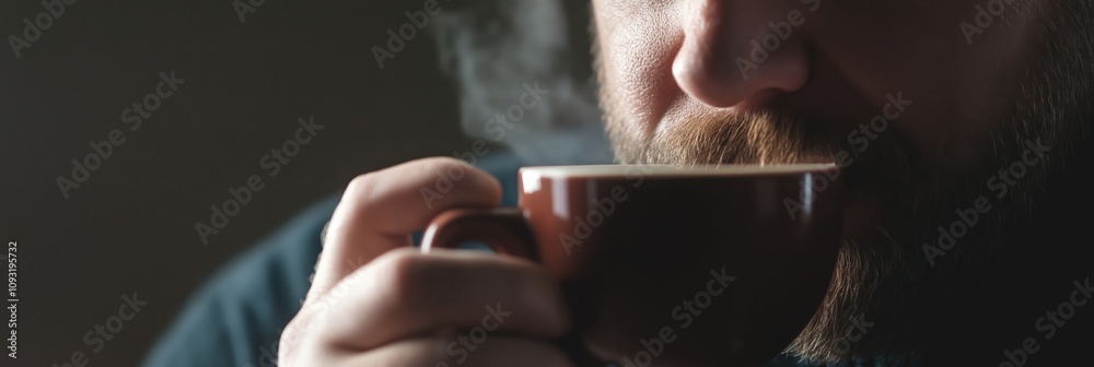 A close-up featuring a man savoring a steaming cup of coffee, symbolizing warmth, comfort, and the simple joys of life, often enjoyed during moments of reflection and relaxation.