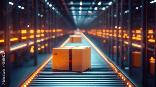 An automated logistics center in action with a conveyor belt system efficiently preparing online shopping orders for global shipping and delivery photo