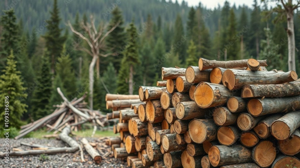 Freshly cut wood logs stacked neatly in a large open area, providing plenty of space for adding text or graphics, freshly cut, stack Freshly cut wood logs stacked neatly in a large open area, providing plenty of space for adding text or graphics, freshly cut, stack