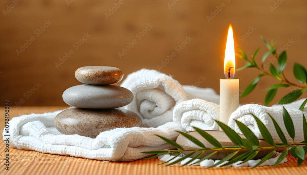 spa stones with white towels, burning candle and green plant isolated with white highlights, png