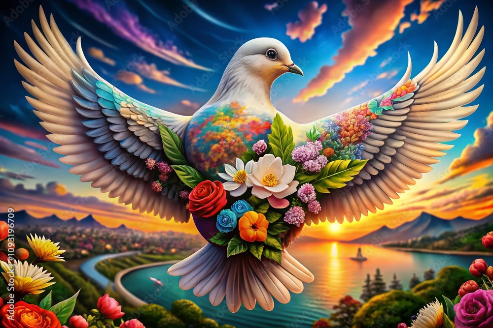 Panoramic View of a Beautiful Love Dove Tattoo Design with Intricate Details and Symbolism, Capturing the Essence of Love, Peace, and Freedom in Vibrant Colors
