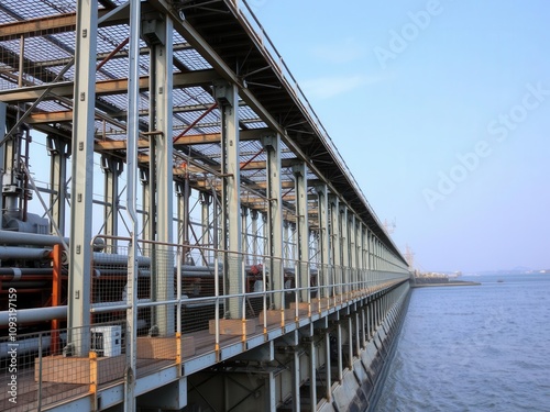 Metal structure of dam pipes and platform at water reservoir with copy space for text, pipes, industrial zone photo