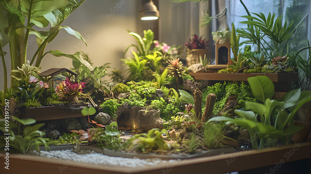 Miniature Fairy Garden Terrarium: Plants, Moss, and Wooden House Miniature Fairy Garden Terrarium: Plants, Moss, and Wooden House