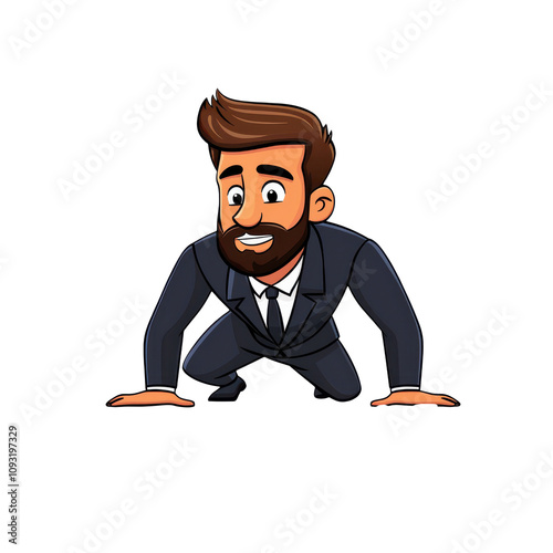 Cartoon man in suit doing push ups with focused determination, showcasing strength and motivation. fun and energetic illustration perfect for fitness themes