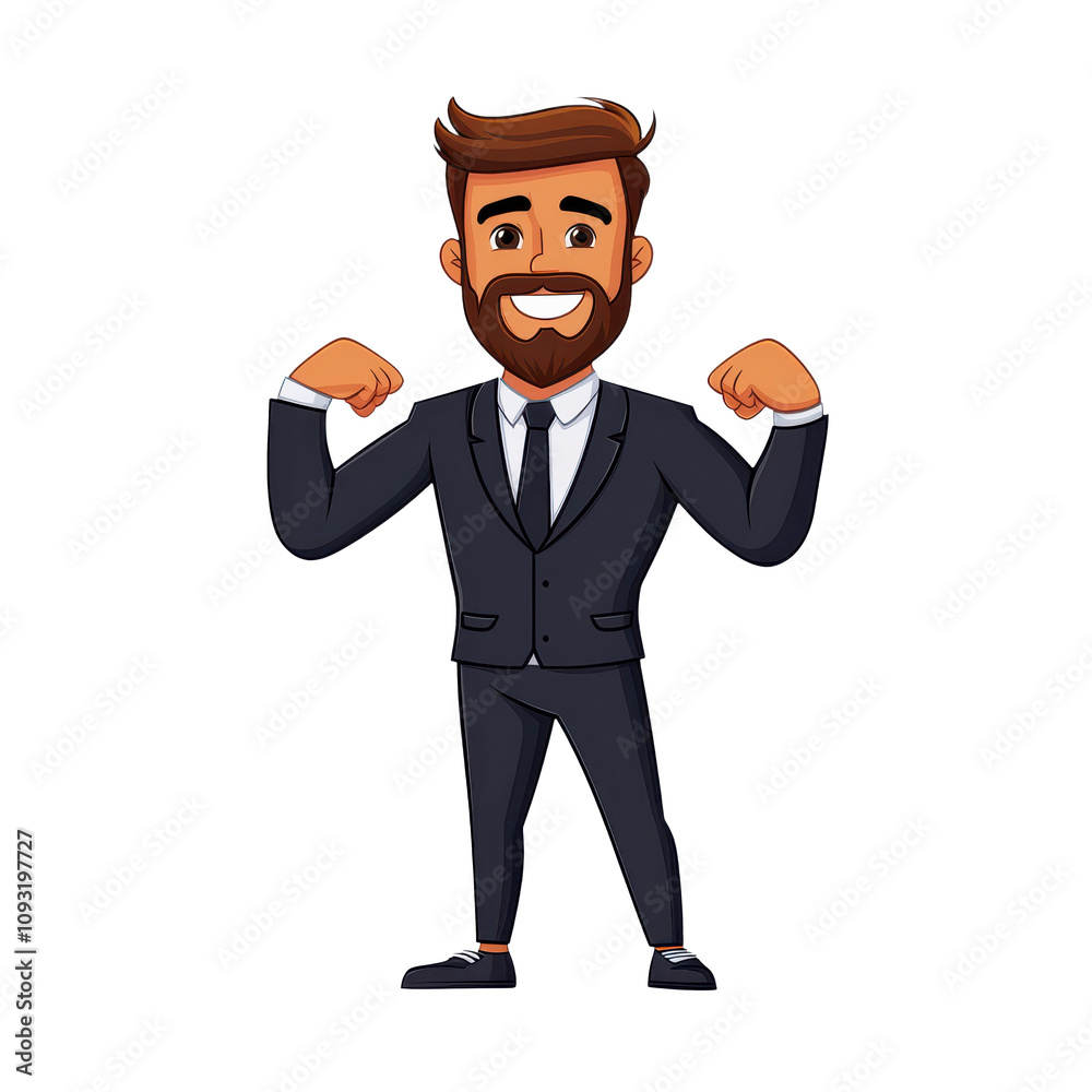 Confident cartoon man flexing his biceps in suit, showcasing strength and positivity. His smile radiates self assurance and determination Confident cartoon man flexing his biceps in suit, showcasing strength and positivity. His smile radiates self assurance and determination
