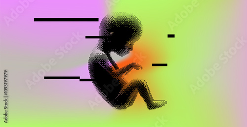 Futuristic vector illustration of a digital fetus, fragmented with glitch effects. Set against a gradient background of neon green, orange, and purple, it evokes themes of technology and life.