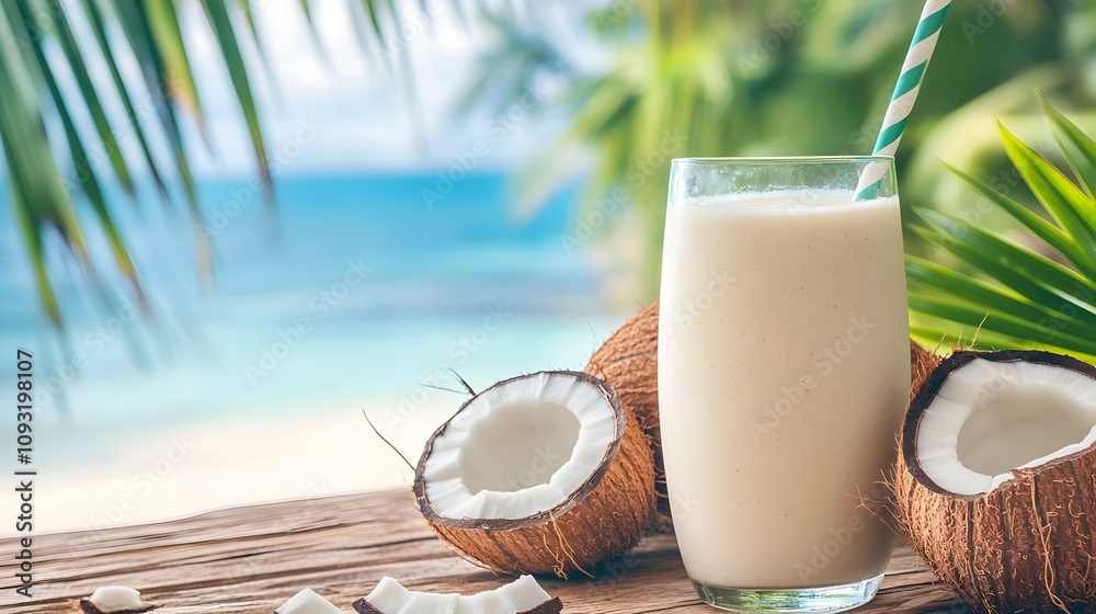 Chilled coconut smoothie in glass against a tropical beach background with palm leaves Refreshing concept with copy space for text Chilled coconut smoothie in glass against a tropical beach background with palm leaves Refreshing concept with copy space for text