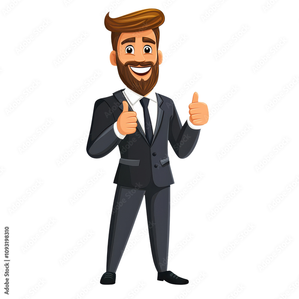 Cartoon man in suit giving confident thumbs up, exuding positivity and professionalism. His stylish appearance and cheerful demeanor make him ideal representation of success Cartoon man in suit giving confident thumbs up, exuding positivity and professionalism. His stylish appearance and cheerful demeanor make him ideal representation of success