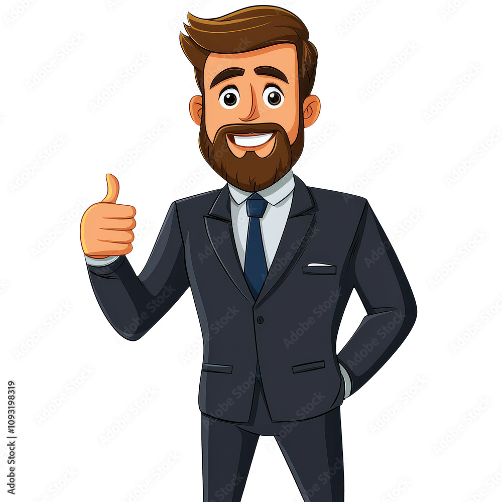 Confident cartoon man in suit giving thumbs up gesture, showcasing positivity and success. His friendly demeanor and stylish appearance make him ideal representation of professionalism Confident cartoon man in suit giving thumbs up gesture, showcasing positivity and success. His friendly demeanor and stylish appearance make him ideal representation of professionalism
