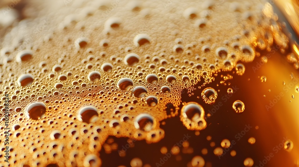 Extreme close up macro shot showcasing the intricate and creamy texture of beer foam with detailed bubbles and a golden amber color as the foam settles in the glass