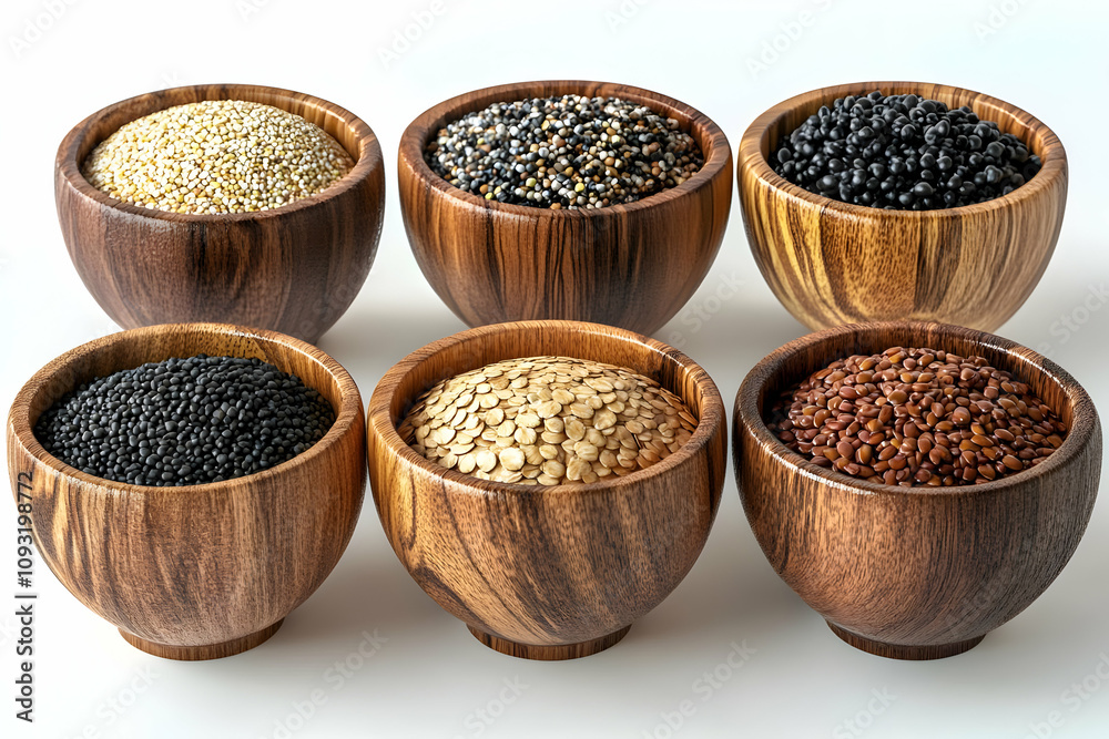 Photo Assorted Seeds and Grains in Wooden Bowls Photo Assorted Seeds and Grains in Wooden Bowls