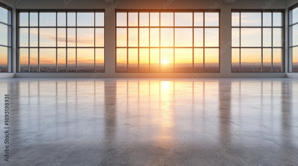 Fototapeta premium Sunrise illuminates a spacious, modern interior with expansive windows offering a panoramic city view. Warm, golden light bathes the polished concrete floor.