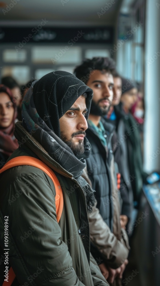 A diverse group at a bus station in cold weather; man in orange scarf and backpack stands in anticipation with others, hinting at a journey ahead. A diverse group at a bus station in cold weather; man in orange scarf and backpack stands in anticipation with others, hinting at a journey ahead.